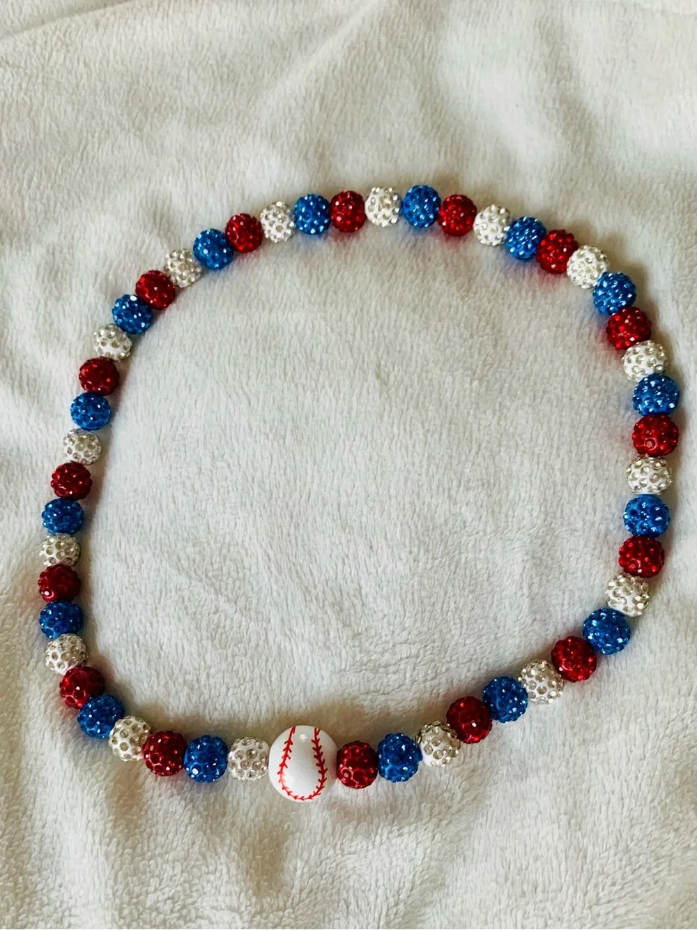Patriotic Red, White & Blue Kids Baseball Beaded Necklace